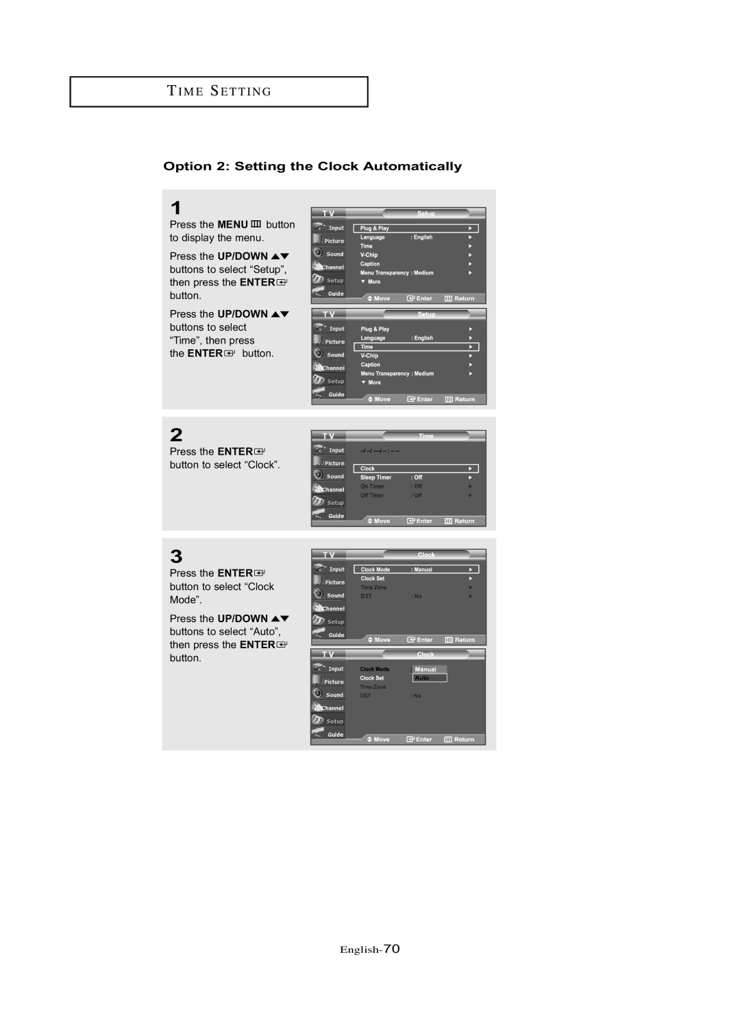 Samsung LN-R377D manual Option 2 Setting the Clock Automatically 