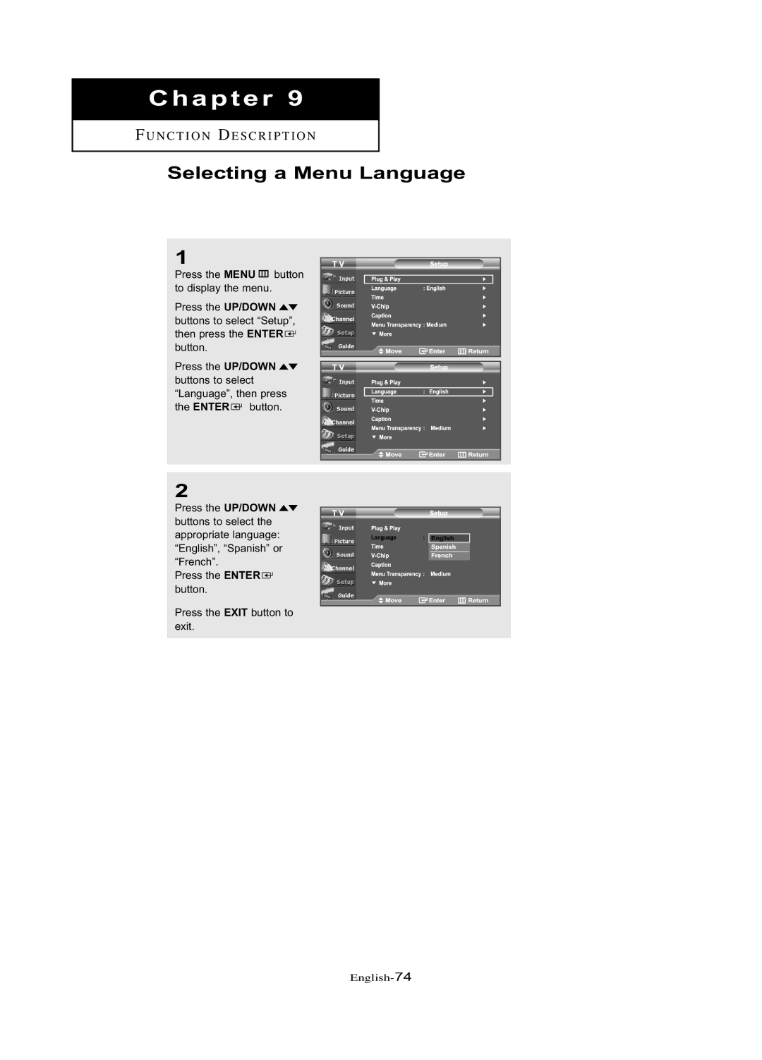 Samsung LN-R377D manual Selecting a Menu Language 