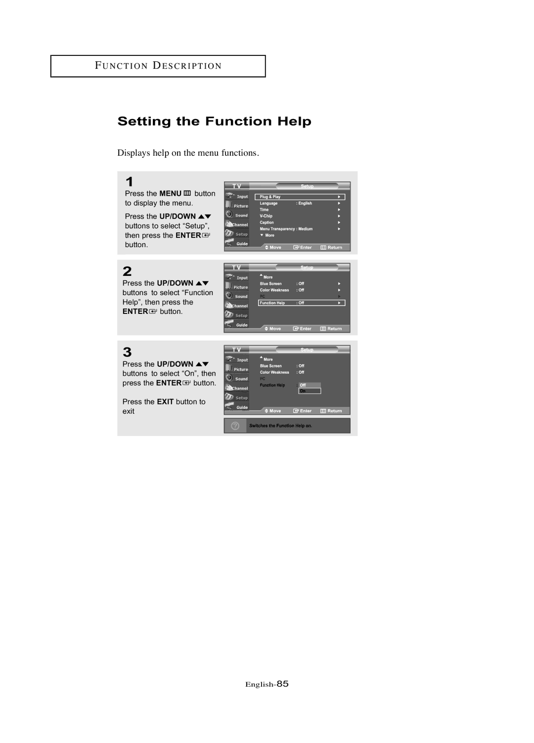 Samsung LN-R377D manual Setting the Function Help, Displays help on the menu functions 