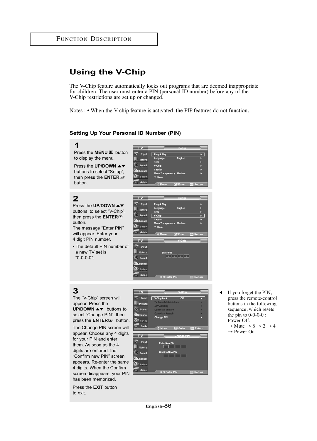 Samsung LN-R377D manual Using the V-Chip, Setting Up Your Personal ID Number PIN 