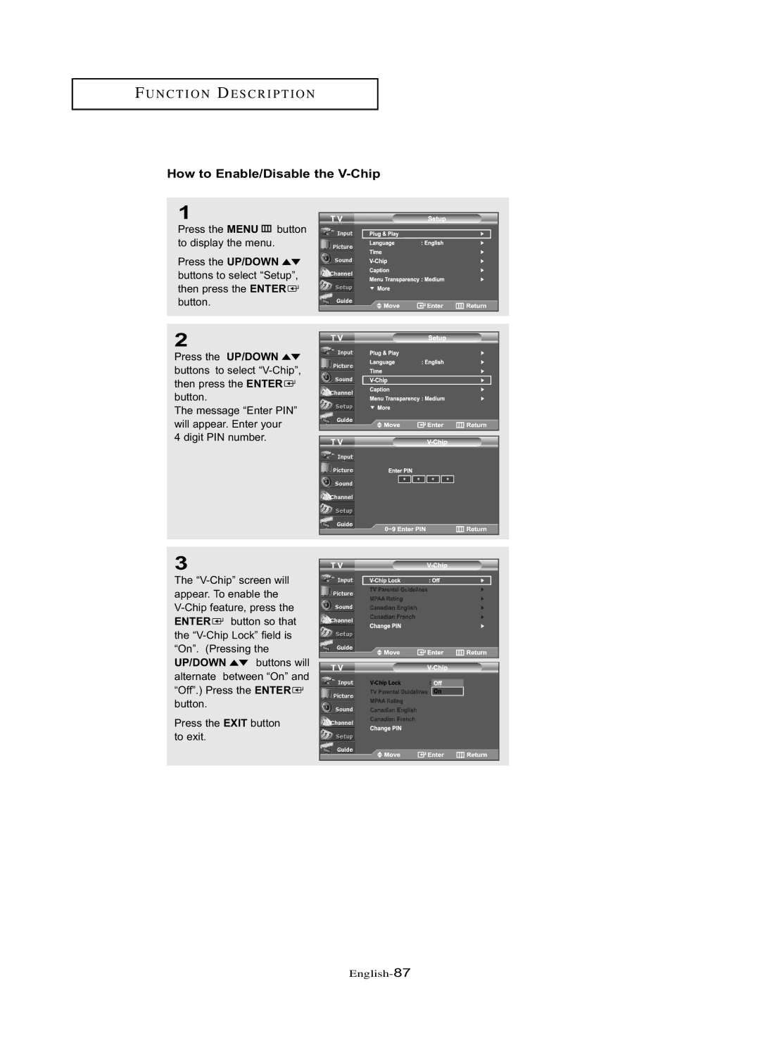 Samsung LN-R377D manual How to Enable/Disable the V-Chip 