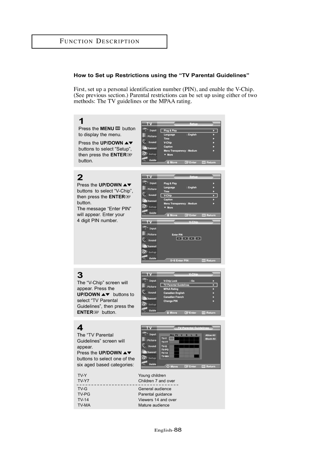 Samsung LN-R377D manual How to Set up Restrictions using the TV Parental Guidelines 