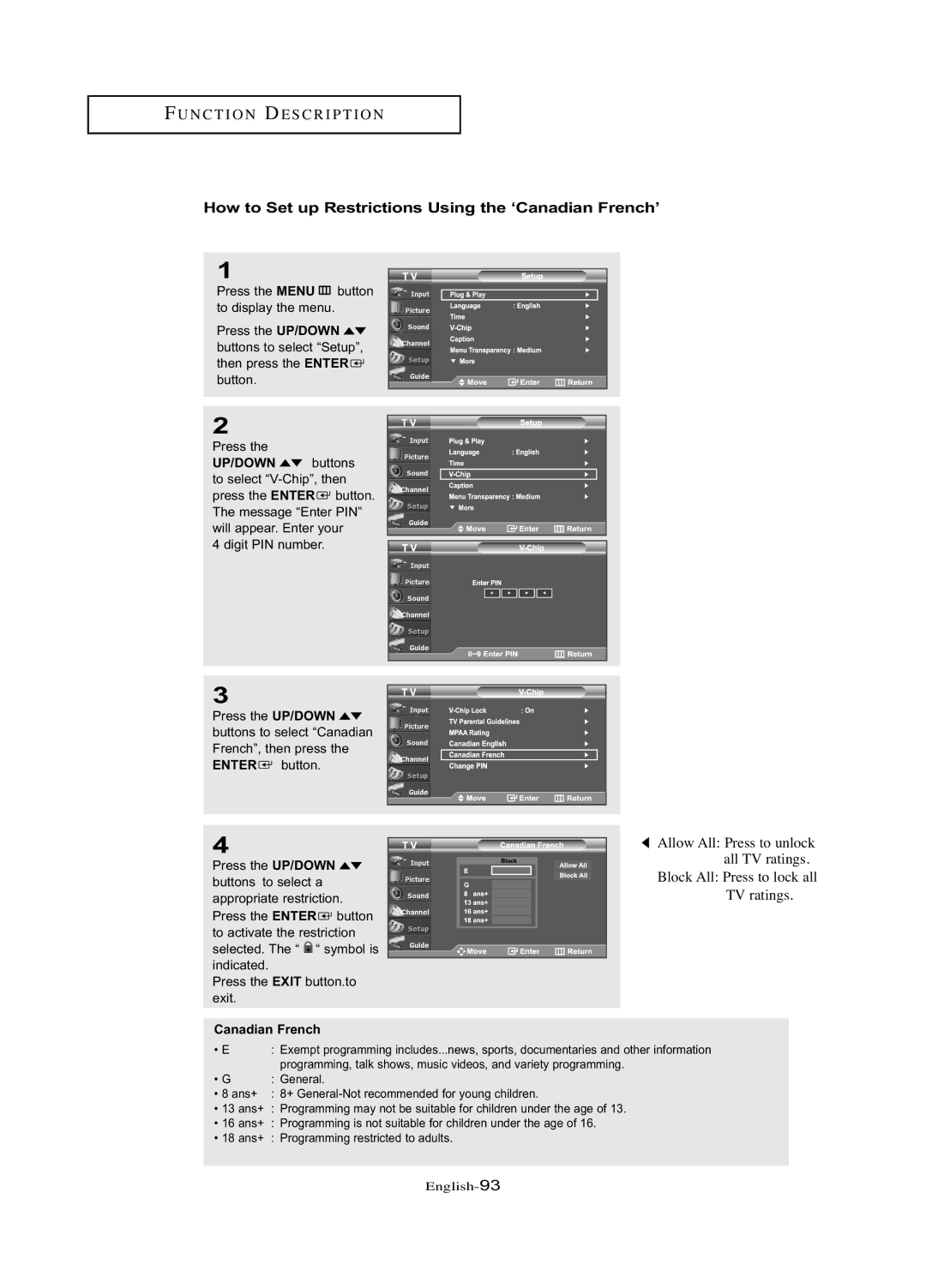 Samsung LN-R377D manual How to Set up Restrictions Using the ‘Canadian French’ 