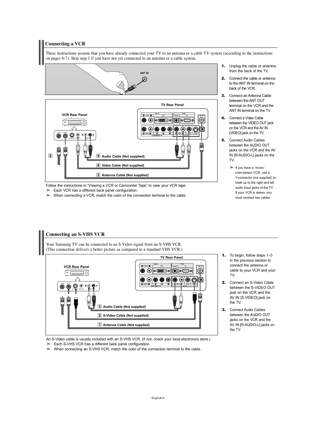 Samsung LN-S1951W manual Connecting a VCR, Connecting an S-VHS VCR 