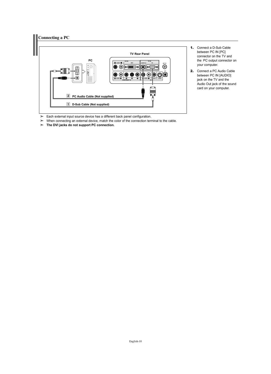 Samsung LN-S1951W manual Connecting a PC, DVI jacks do not support PC connection 