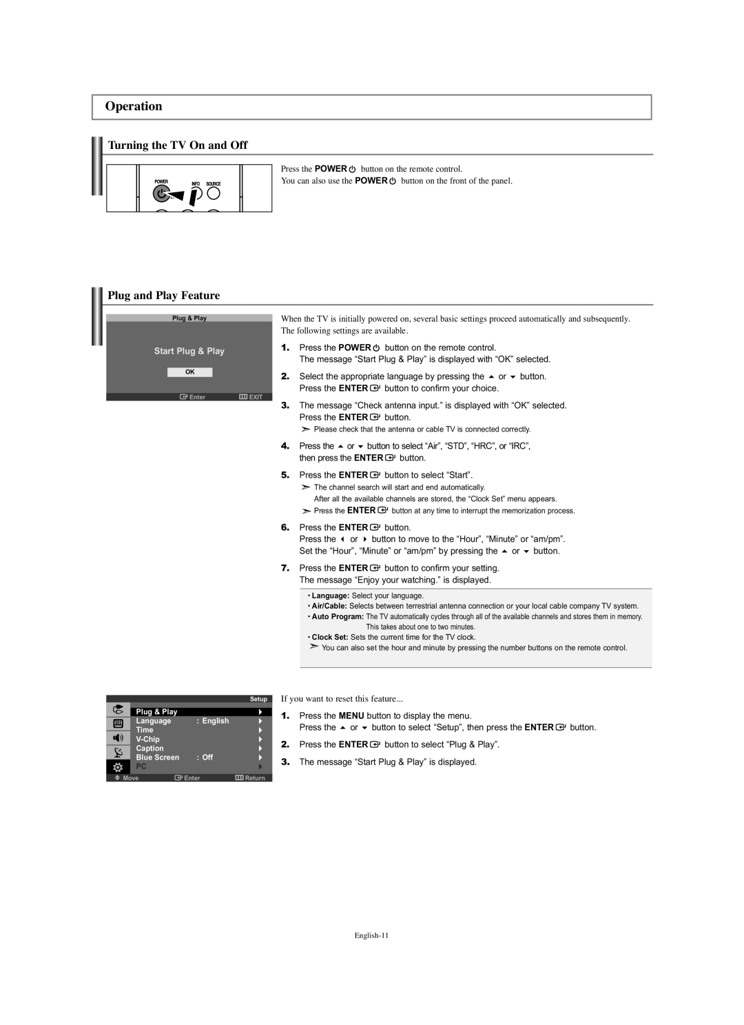 Samsung LN-S1951W manual Operation, Turning the TV On and Off, Plug and Play Feature 