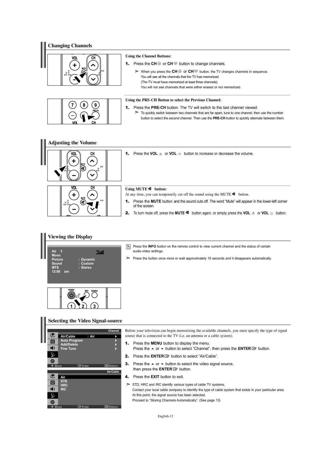 Samsung LN-S1951W manual Changing Channels, Adjusting the Volume, Viewing the Display, Selecting the Video Signal-source 