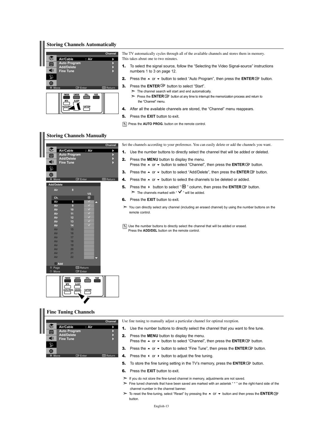 Samsung LN-S1951W manual Storing Channels Automatically, Storing Channels Manually, Fine Tuning Channels 