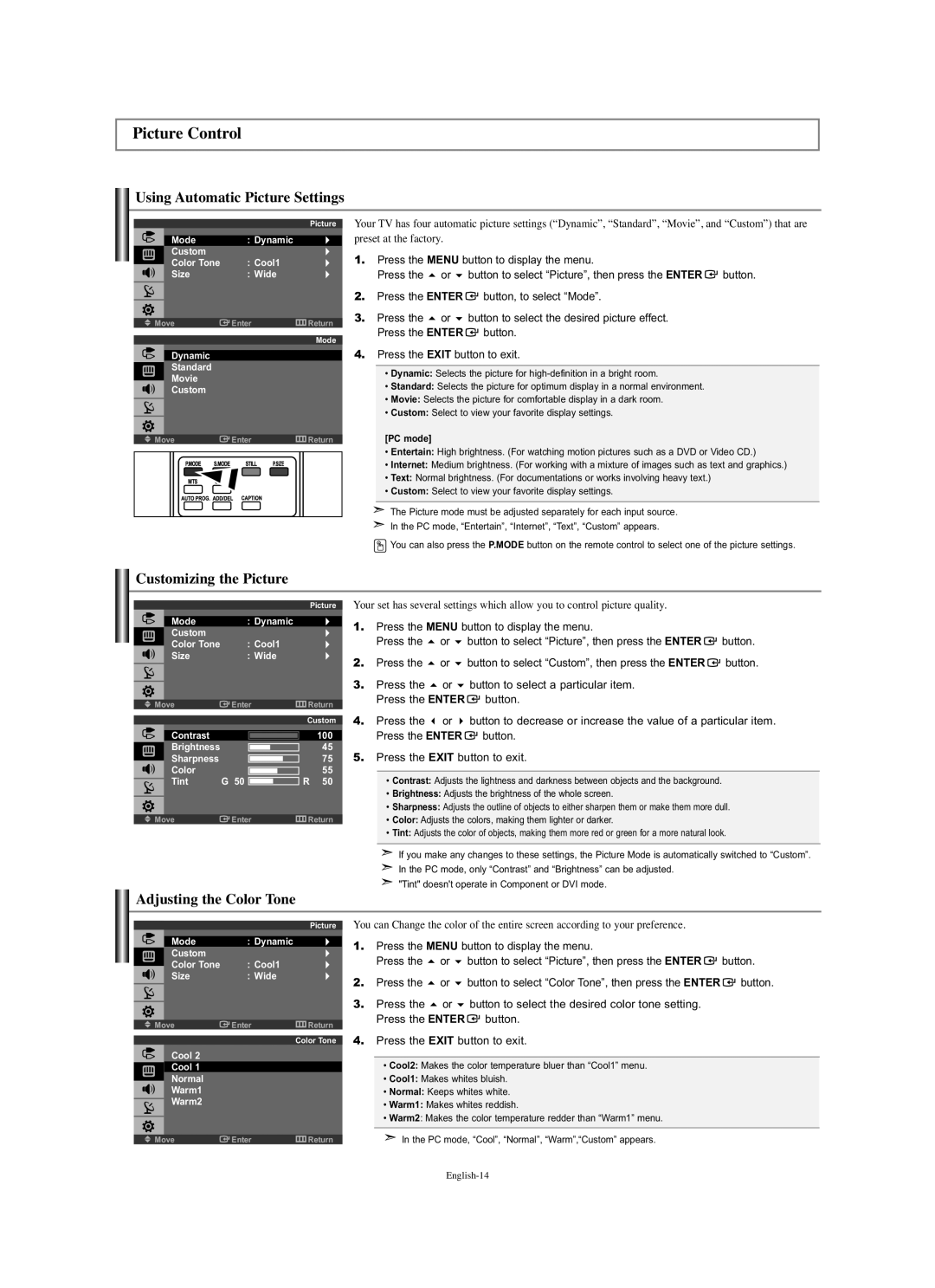 Samsung LN-S1951W Picture Control, Using Automatic Picture Settings, Customizing the Picture, Adjusting the Color Tone 