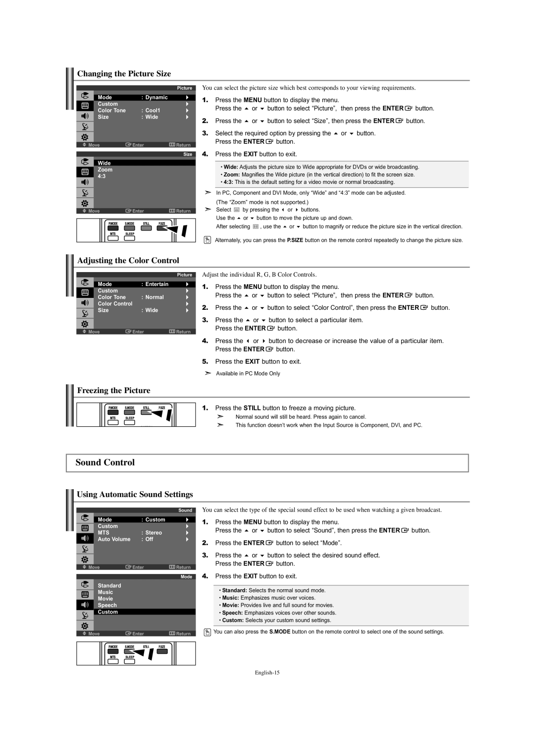 Samsung LN-S1951W manual Sound Control, Changing the Picture Size, Adjusting the Color Control, Freezing the Picture 