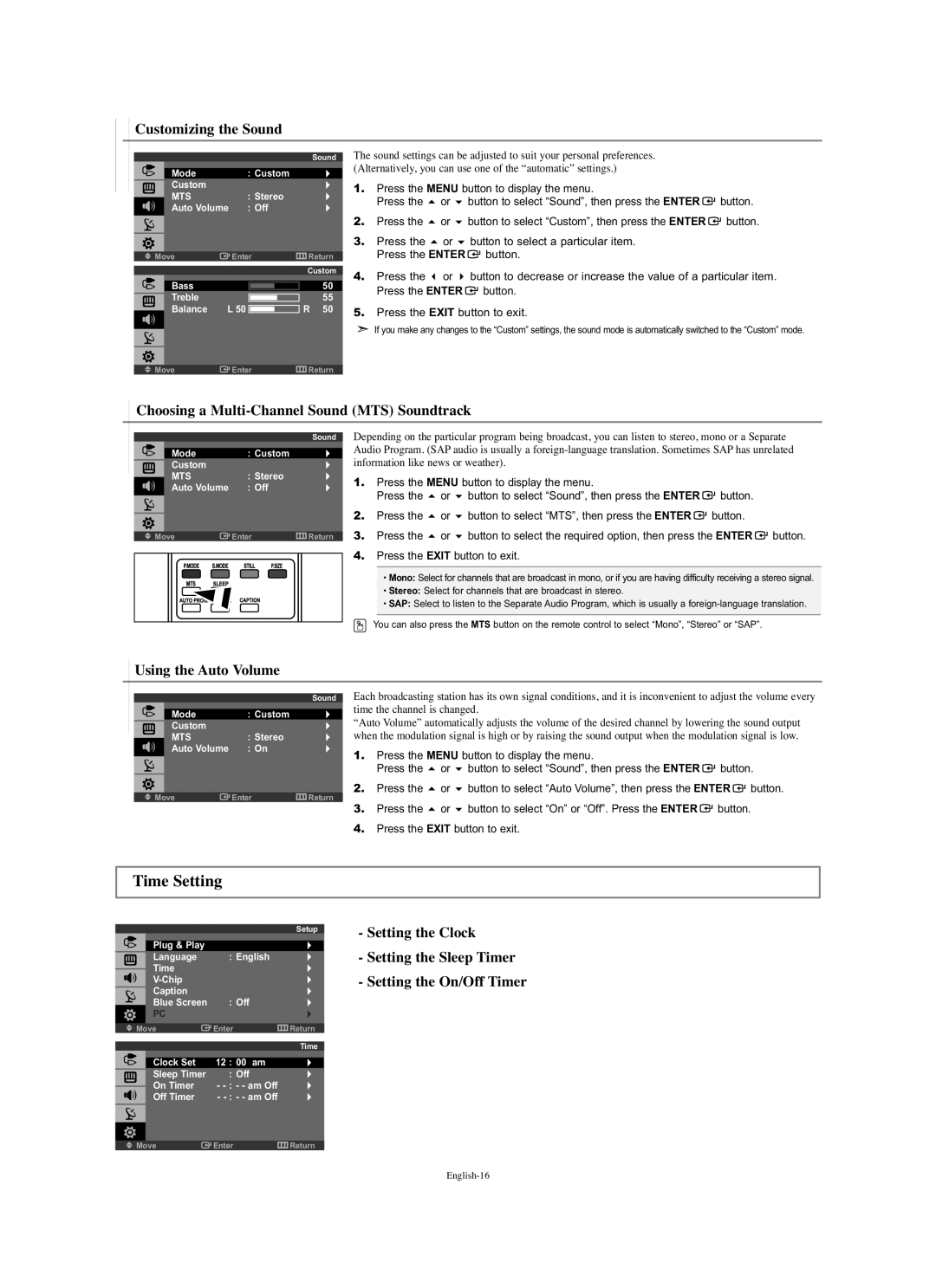 Samsung LN-S1951W manual Time Setting, Customizing the Sound, Choosing a Multi-Channel Sound MTS Soundtrack 