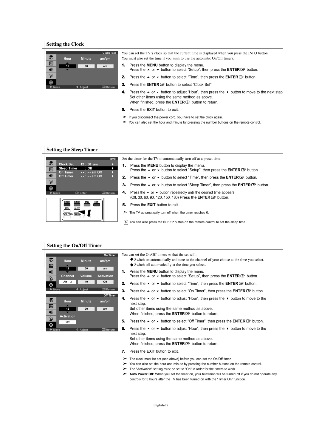 Samsung LN-S1951W manual Setting the Clock, Press Button to select Sleep Timer, then press the Enter 