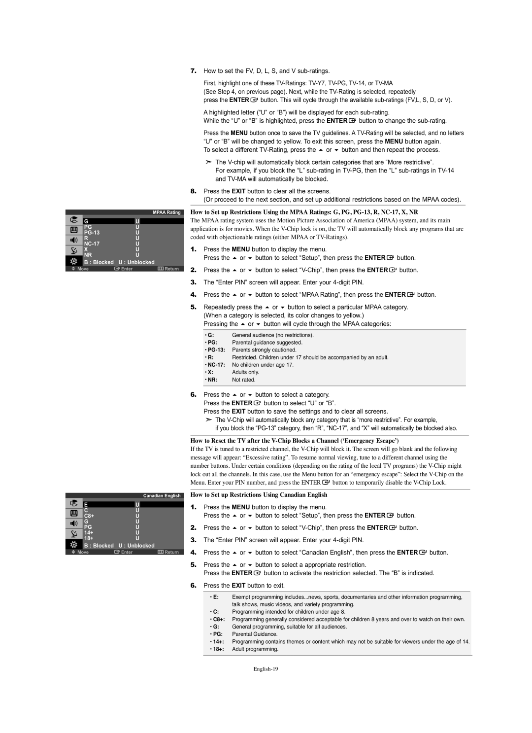 Samsung LN-S1951W Press Button to select a category Press the Enter, How to Set up Restrictions Using Canadian English 