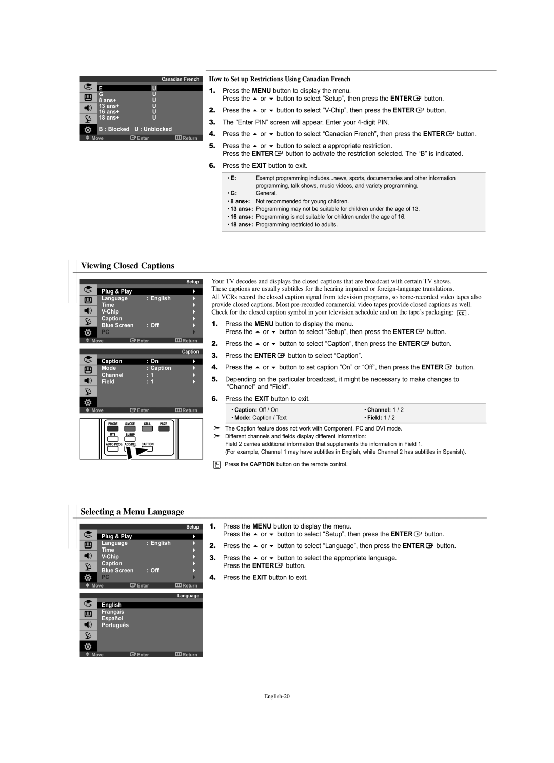 Samsung LN-S1951W Viewing Closed Captions, Selecting a Menu Language, How to Set up Restrictions Using Canadian French 