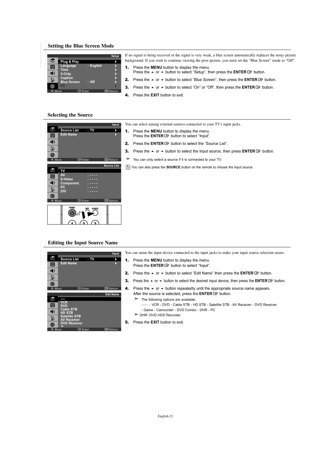 Samsung LN-S1951W manual Setting the Blue Screen Mode, Selecting the Source, Editing the Input Source Name 