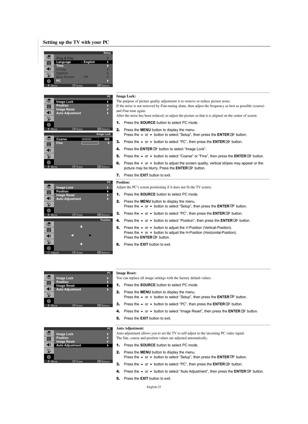 Samsung LN-S1951W manual Setting up the TV with your PC, PC Image Lock, Position, Image Reset, Auto Adjustment 