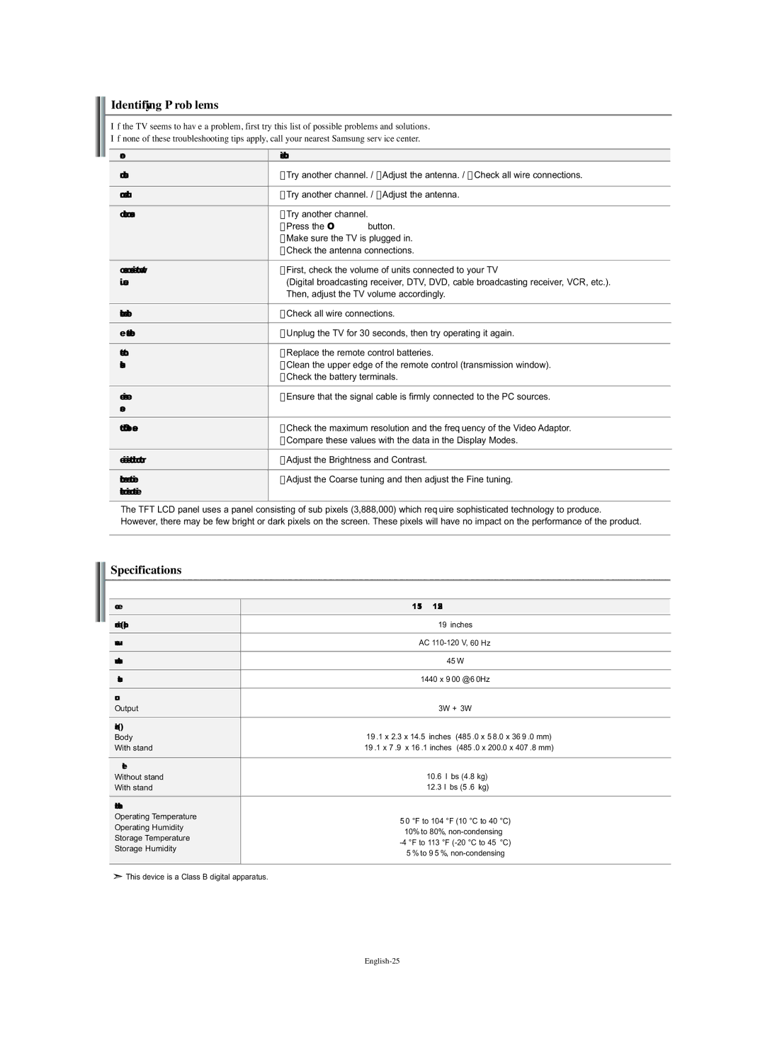 Samsung LN-S1951W manual Identifying Problems, Specifications 