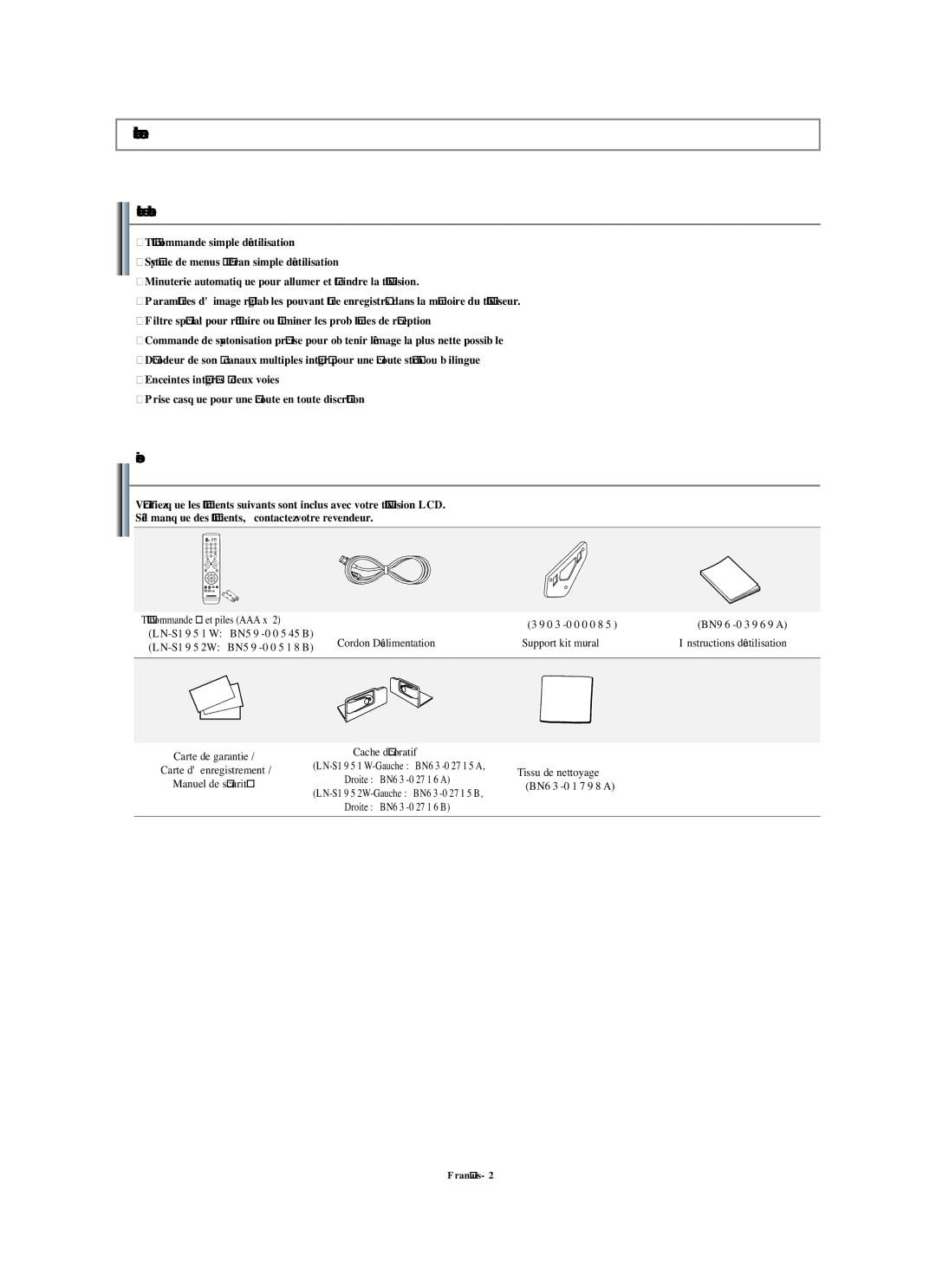 Samsung LN-S1951W manual Informations Generales, Liste des fonctions, Accessories, Cordon D’alimentation 