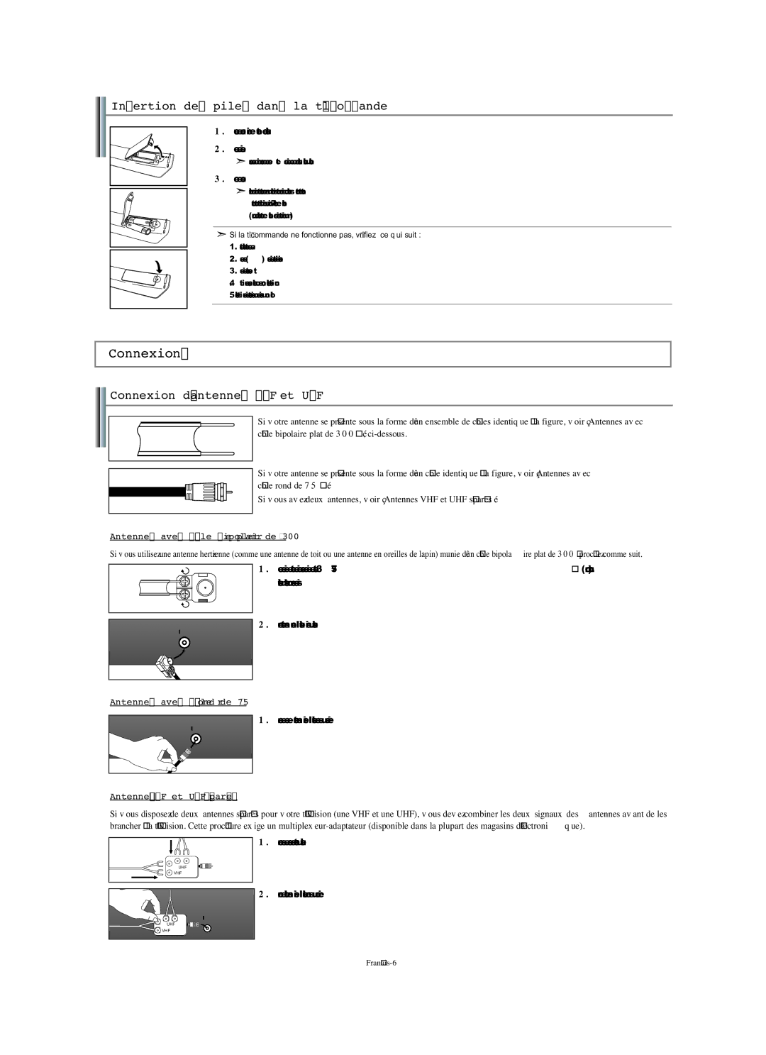 Samsung LN-S1951W manual Connexions, Insertion des piles dans la télécommande, Connexion d’antennes VHF et UHF 