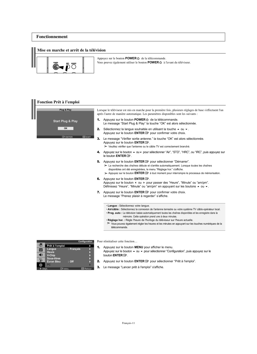 Samsung LN-S1951W manual Fonctionnement, Mise en marche et arrêt de la télévision, Fonction Prêt à l’emploi 