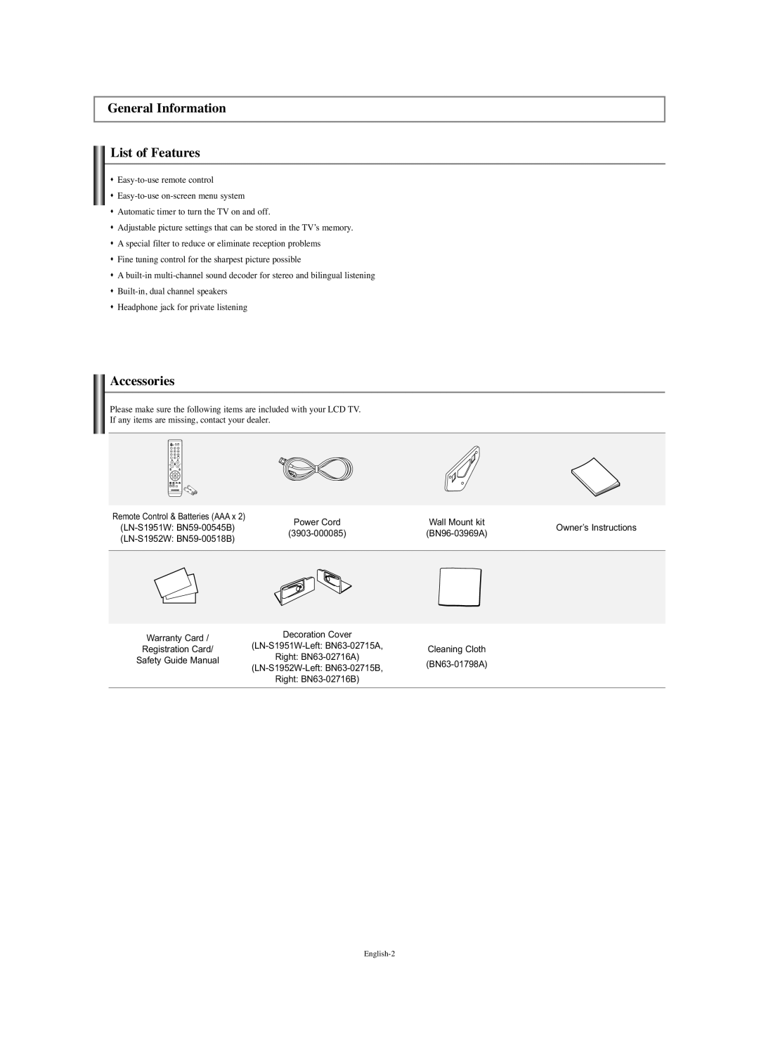 Samsung LN-S1951W manual General Information List of Features, Accessories, Owner’s Instructions, 3903-000085 