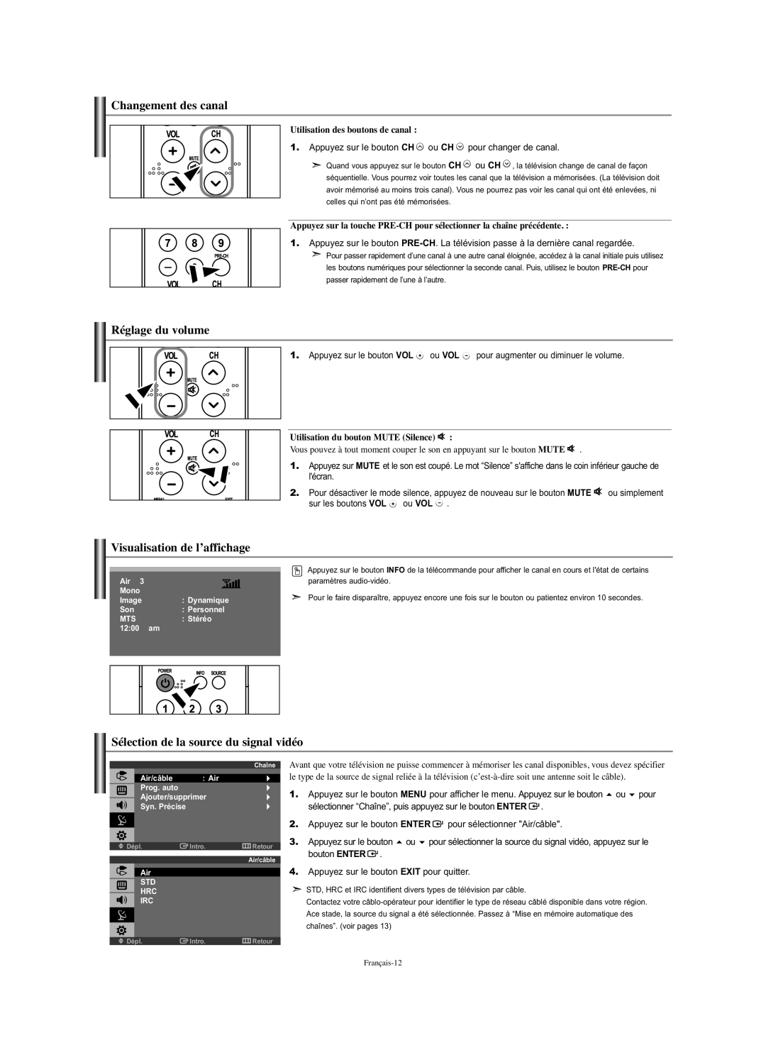 Samsung LN-S1951W manual Changement des canal, Réglage du volume, Visualisation de l’affichage 