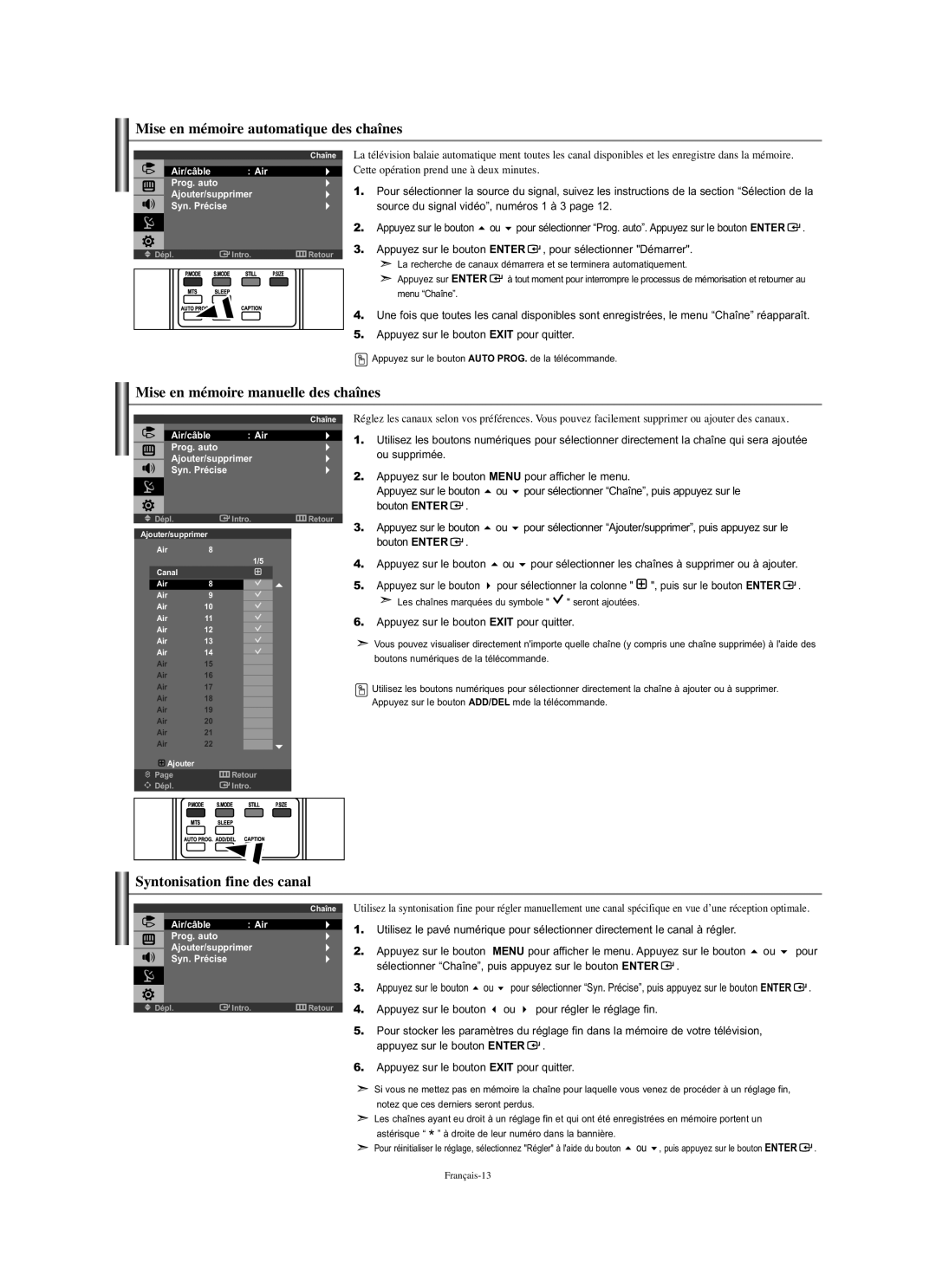 Samsung LN-S1951W manual Mise en mémoire automatique des chaînes, Mise en mémoire manuelle des chaînes 