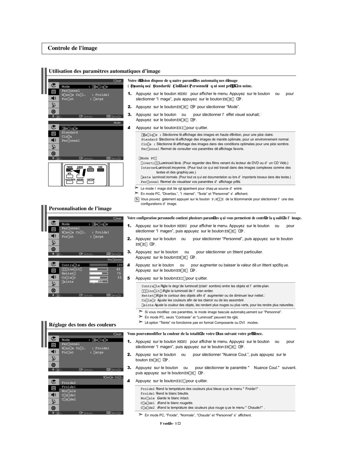 Samsung LN-S1951W manual Controle de limage, Utilisation des paramètres automatiques d’image, Personnalisation de l’image 