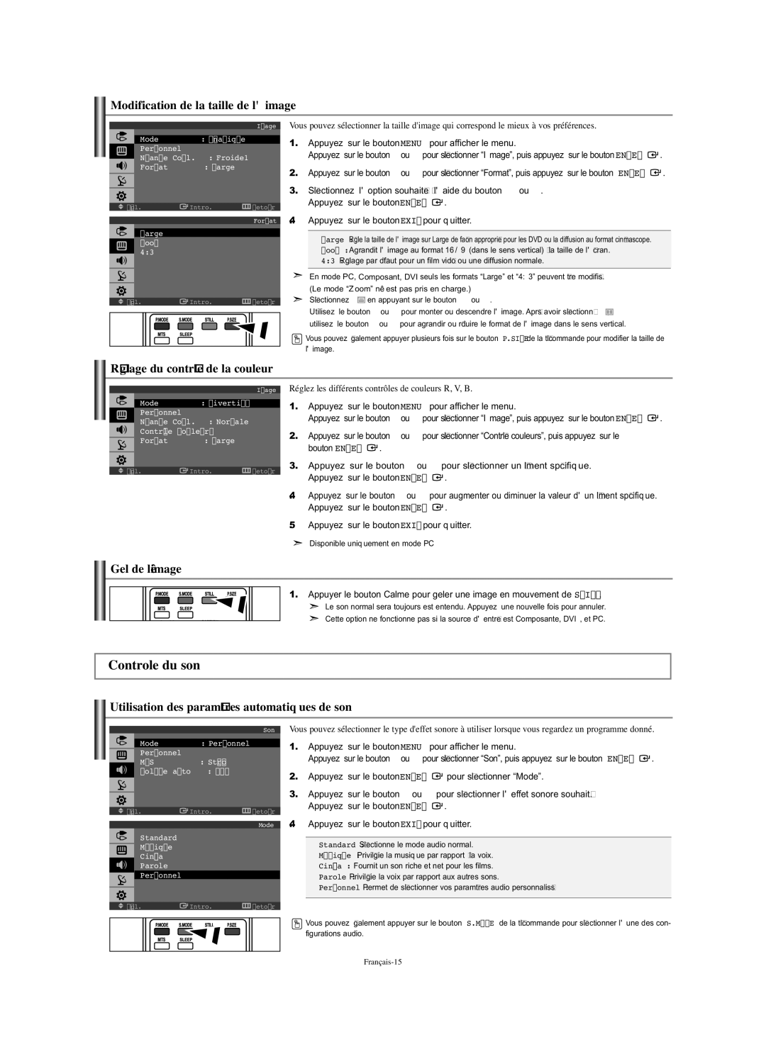 Samsung LN-S1951W Controle du son, Modification de la taille de limage, Réglage du contrôle de la couleur, Gel de l’image 