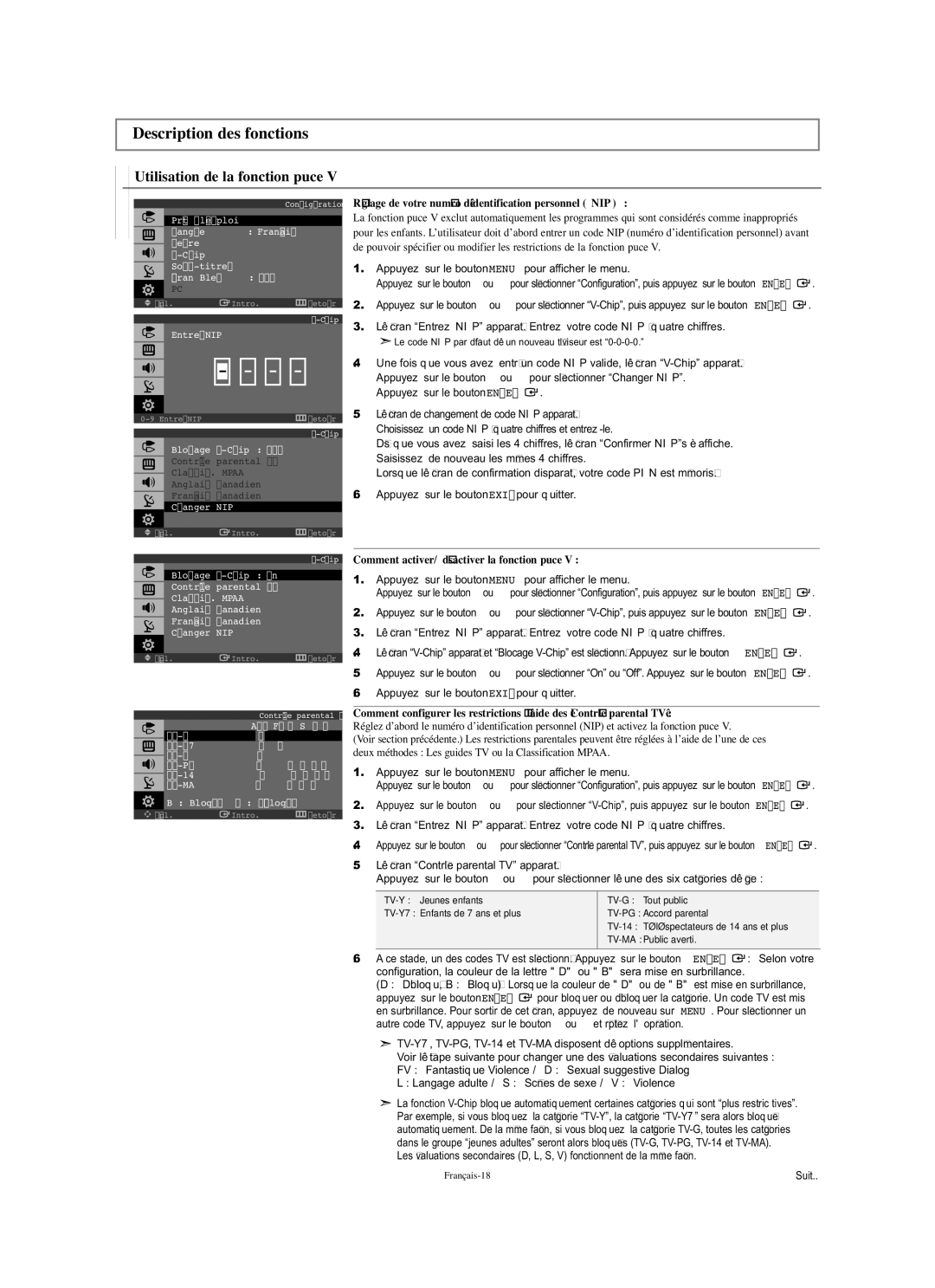 Samsung LN-S1951W Description des fonctions, Utilisation de la fonction puce, Comment activer/désactiver la fonction puce 