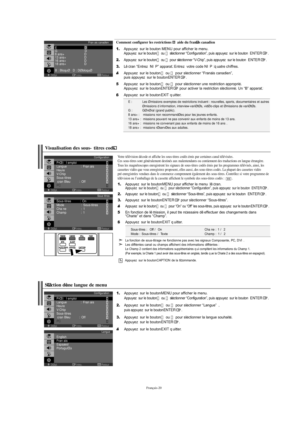 Samsung LN-S1951W manual Visualisation des sous-titres codés, Sélection d’une langue de menu 