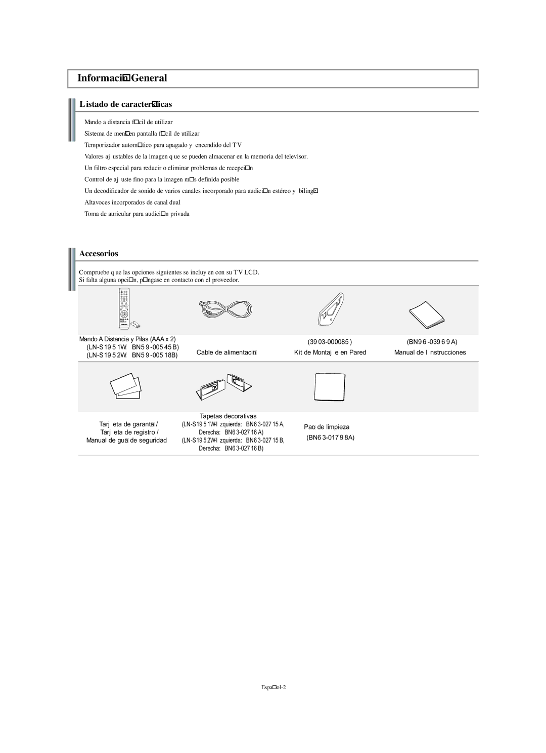 Samsung LN-S1951W manual Listado de características, Accesorios, Cable de alimentación 