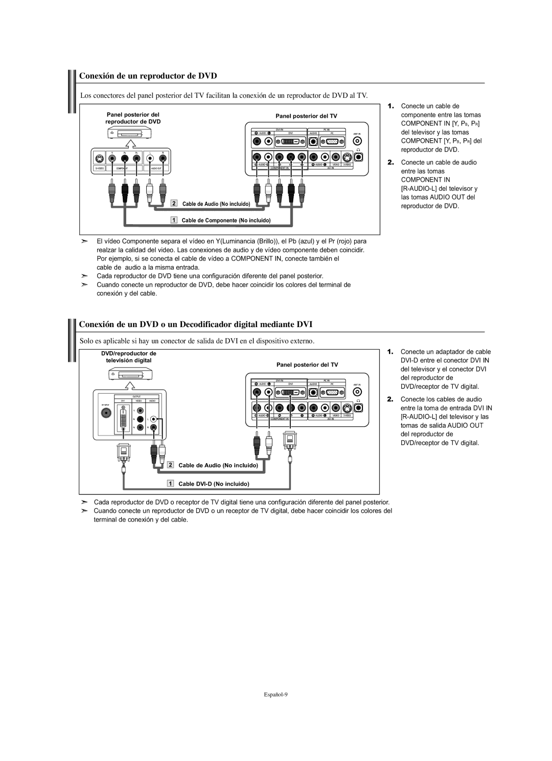 Samsung LN-S1951W manual Conexión de un reproductor de DVD, Conexión de un DVD o un Decodificador digital mediante DVI 