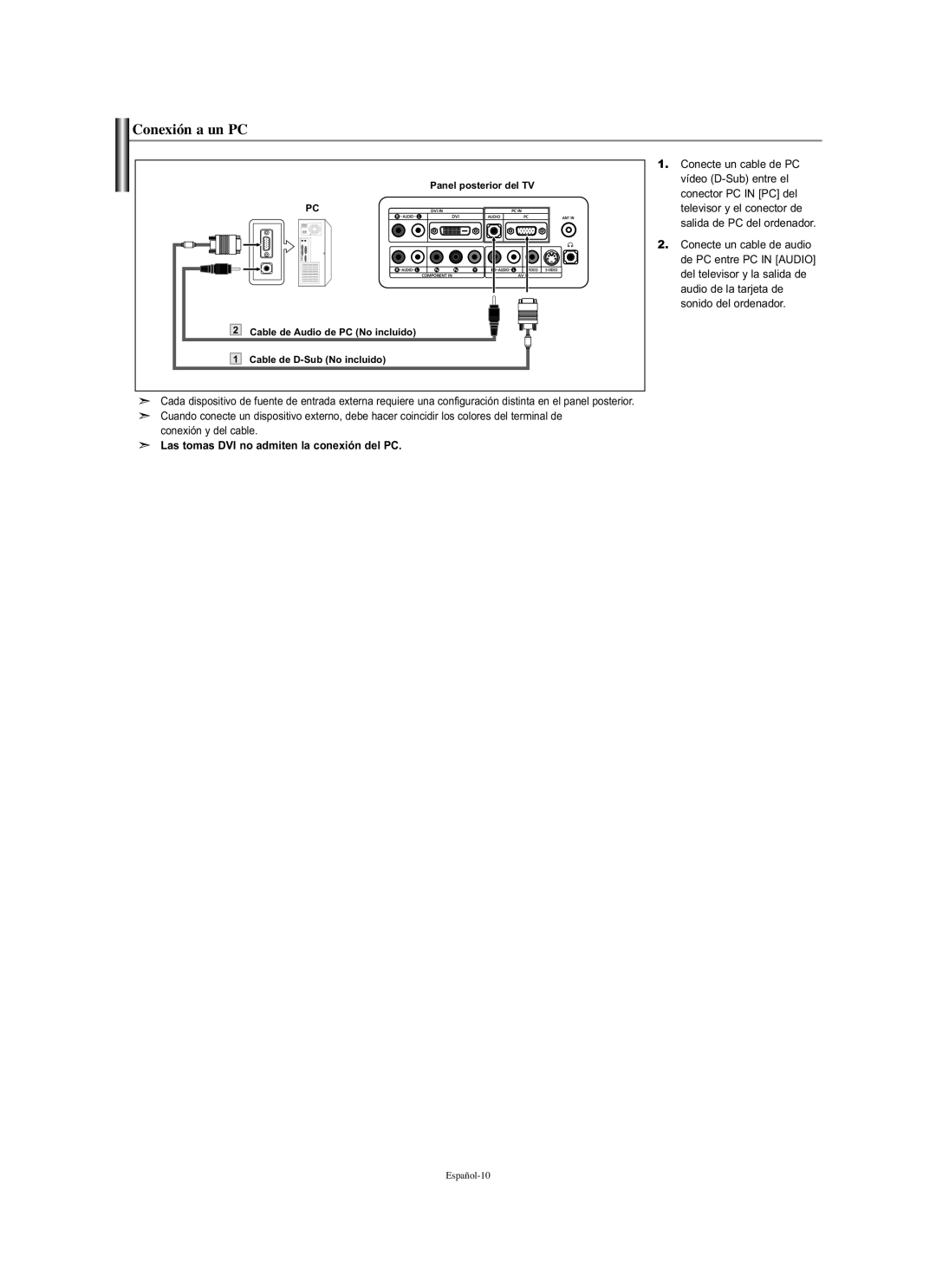 Samsung LN-S1951W manual Conexión a un PC, Conexión y del cable, Las tomas DVI no admiten la conexión del PC 