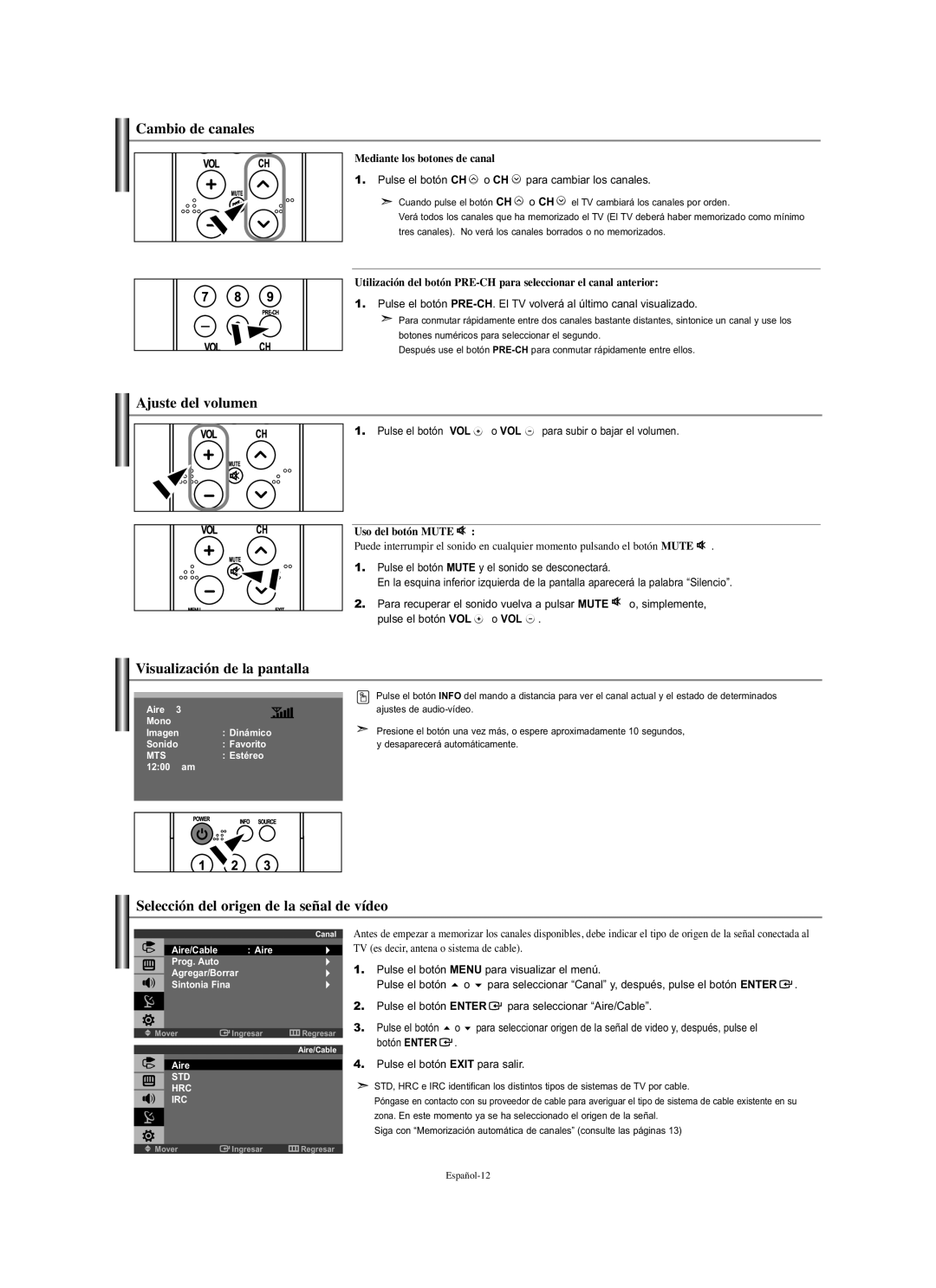 Samsung LN-S1951W manual Cambio de canales, Ajuste del volumen, Visualización de la pantalla 