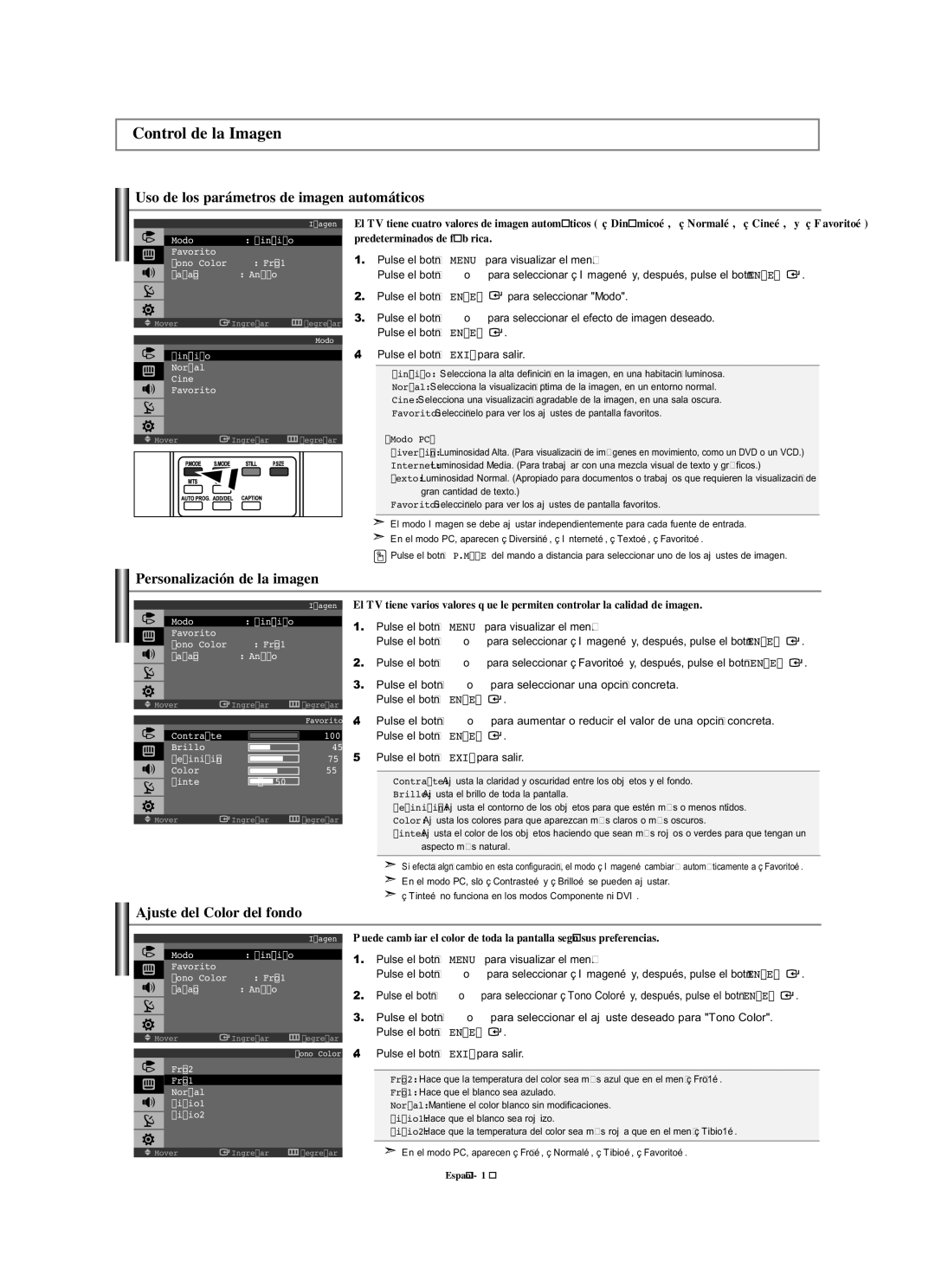 Samsung LN-S1951W Control de la Imagen, Uso de los parámetros de imagen automáticos, Personalización de la imagen, Modo PC 