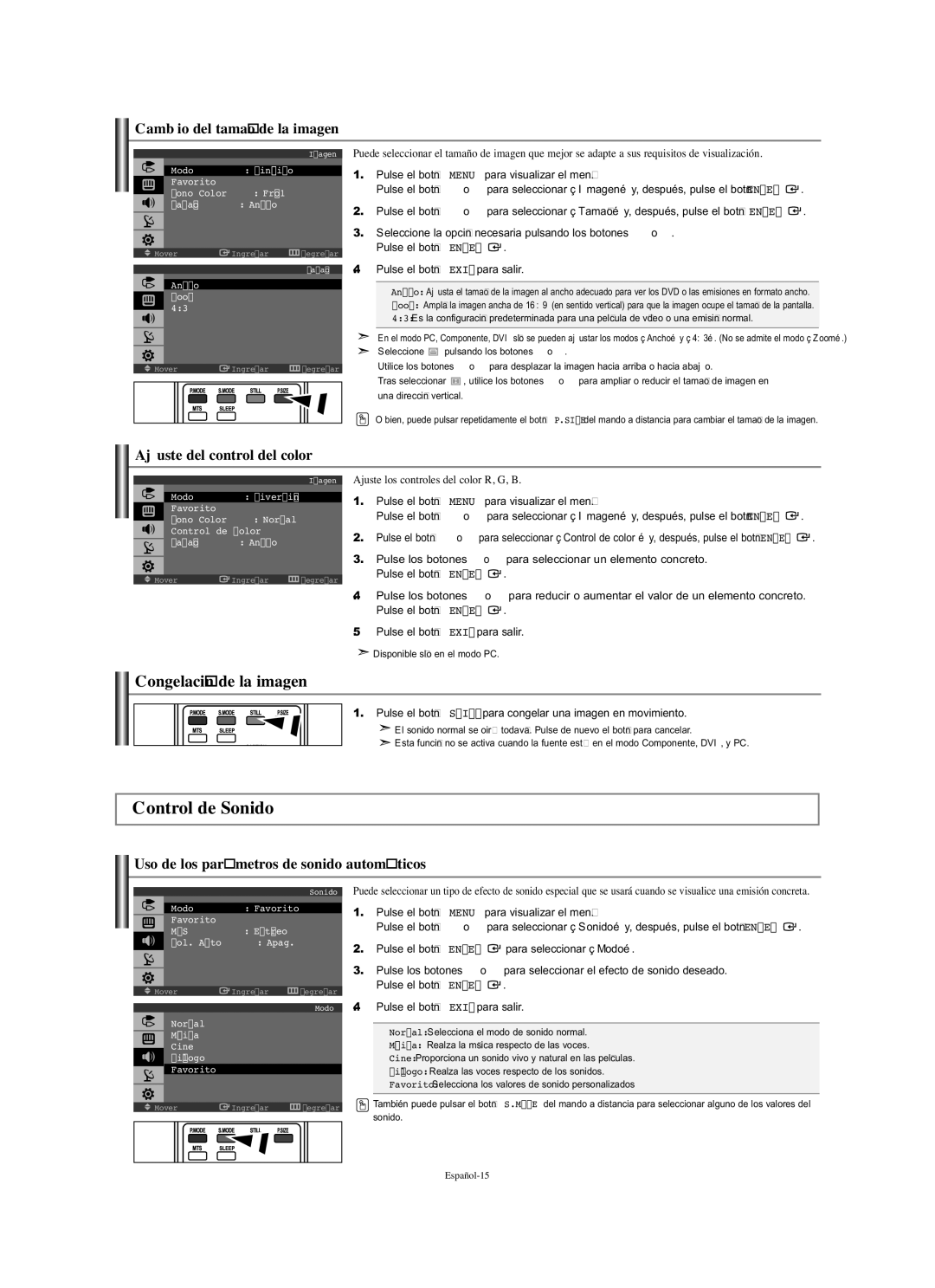 Samsung LN-S1951W manual Congelación de la imagen, Cambio del tamaño de la imagen, Ajuste del control del color 