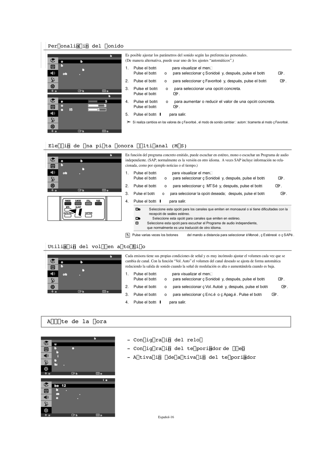 Samsung LN-S1951W manual Ajuste de la Hora, Personalización del sonido, Elección de una pista sonora multicanal MTS 