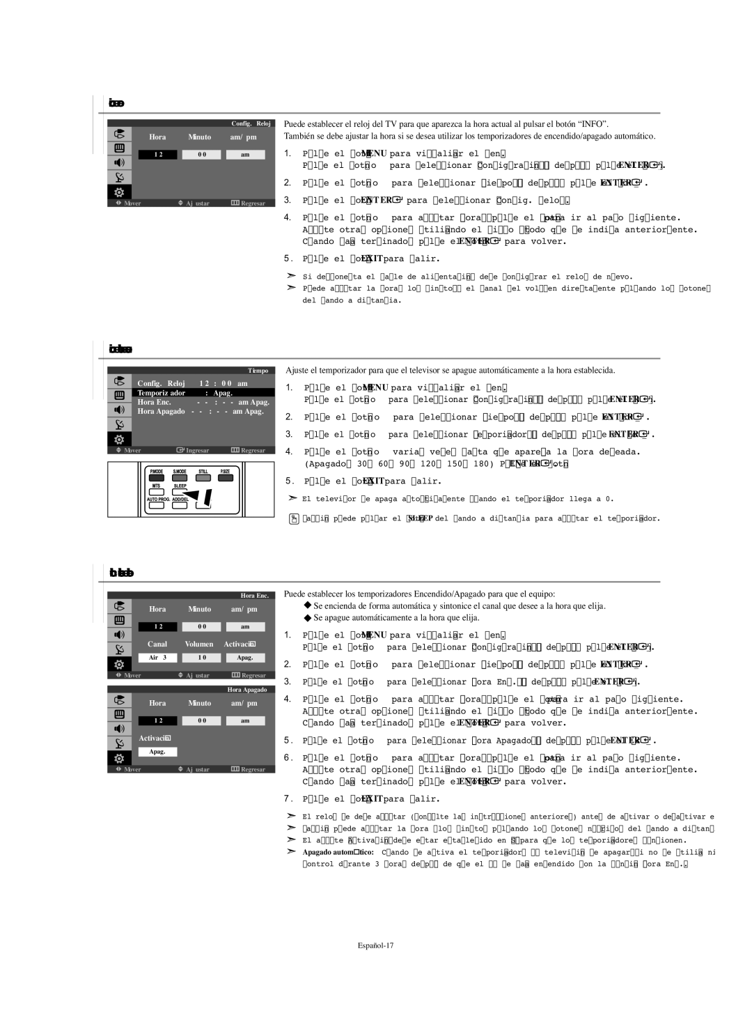 Samsung LN-S1951W manual Configuración del reloj 