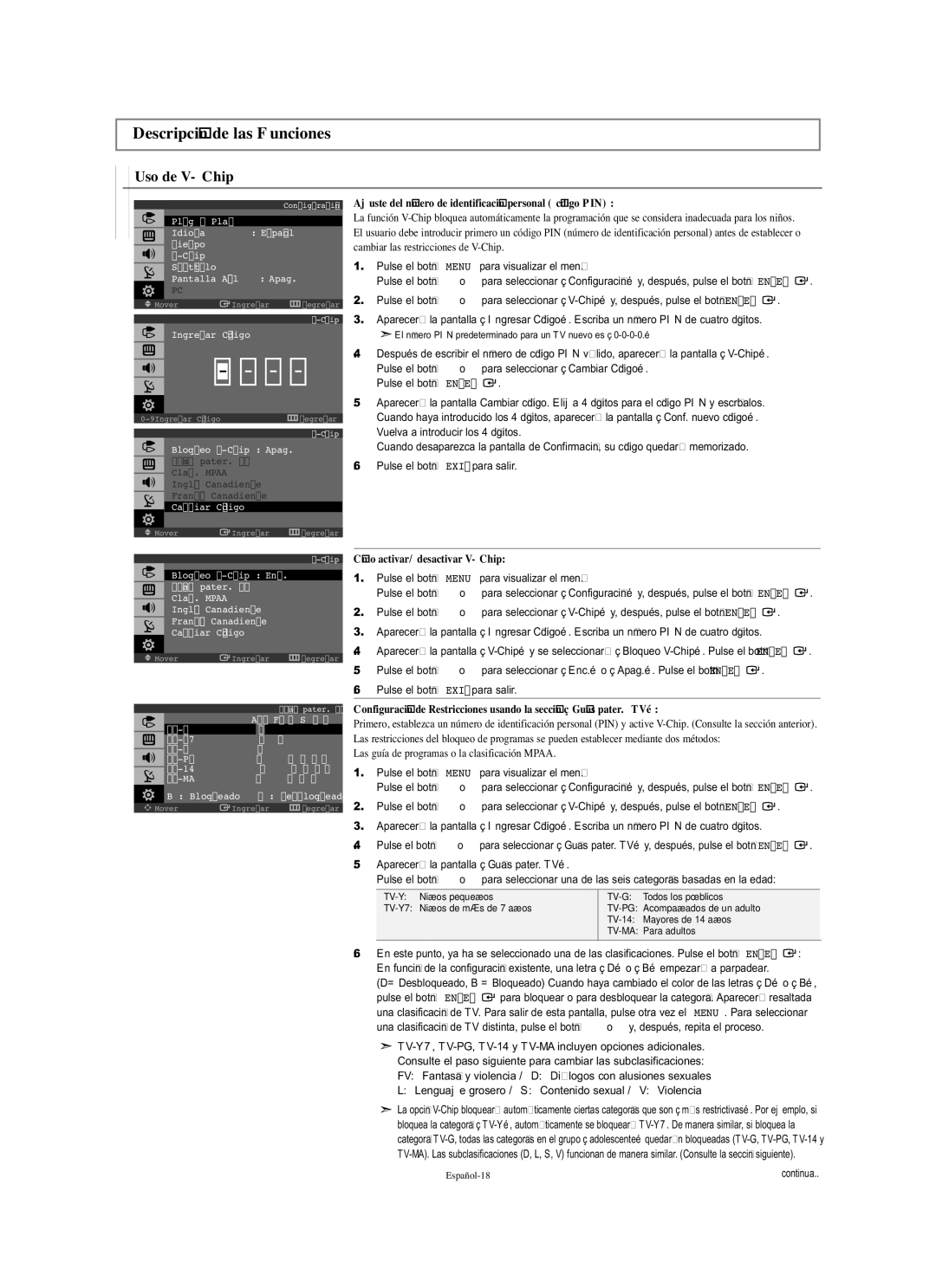 Samsung LN-S1951W Descripción de las Funciones, Uso de V-Chip, Ajuste del número de identificación personal código PIN 