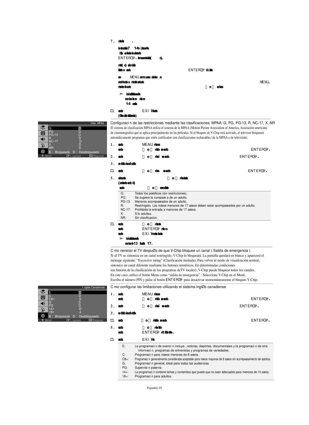 Samsung LN-S1951W manual Cómo establecer las subclasificaciones FV, D, L, S y, Se pasará por las distintas categorías Mpaa 