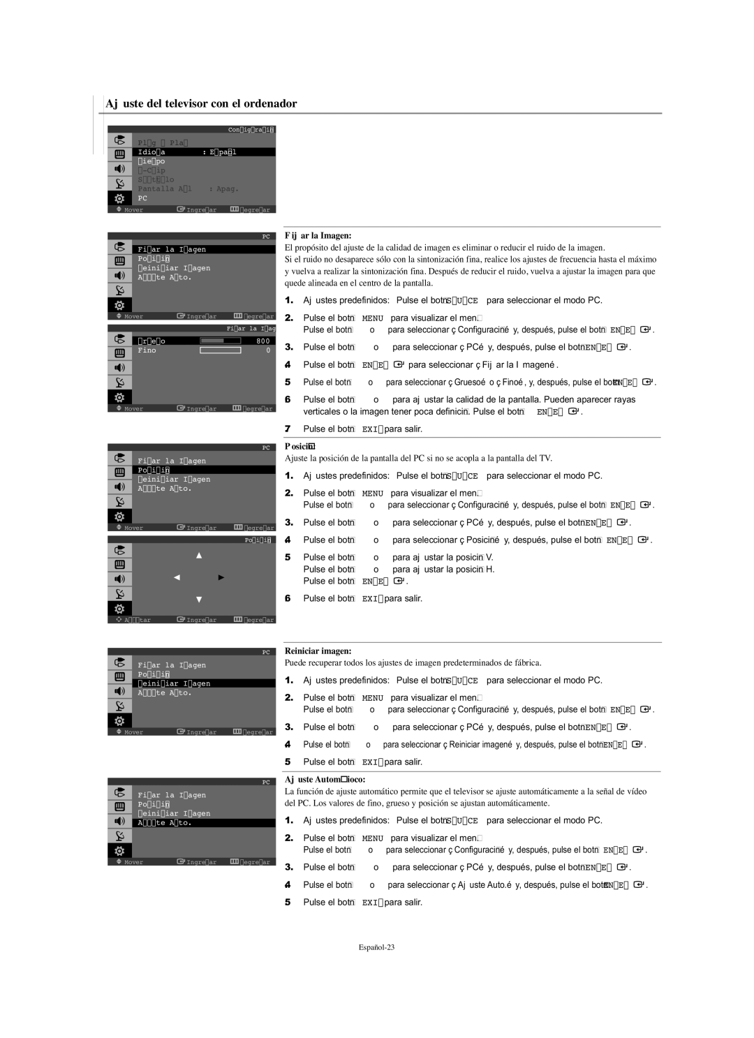 Samsung LN-S1951W Ajuste del televisor con el ordenador, Fijar la Imagen, Posición, Reiniciar imagen, Ajuste Automáioco 