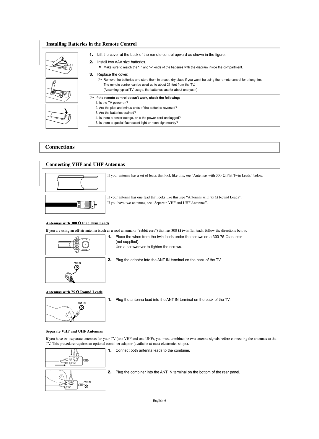 Samsung LN-S1951W manual Connections, Installing Batteries in the Remote Control, Connecting VHF and UHF Antennas 