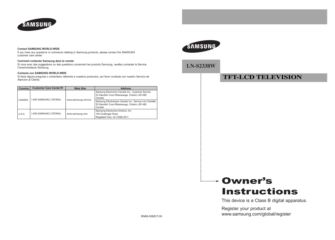 Samsung LN-S2338W manual Samsung Electronique Canada Inc., Service á la Clientéle 