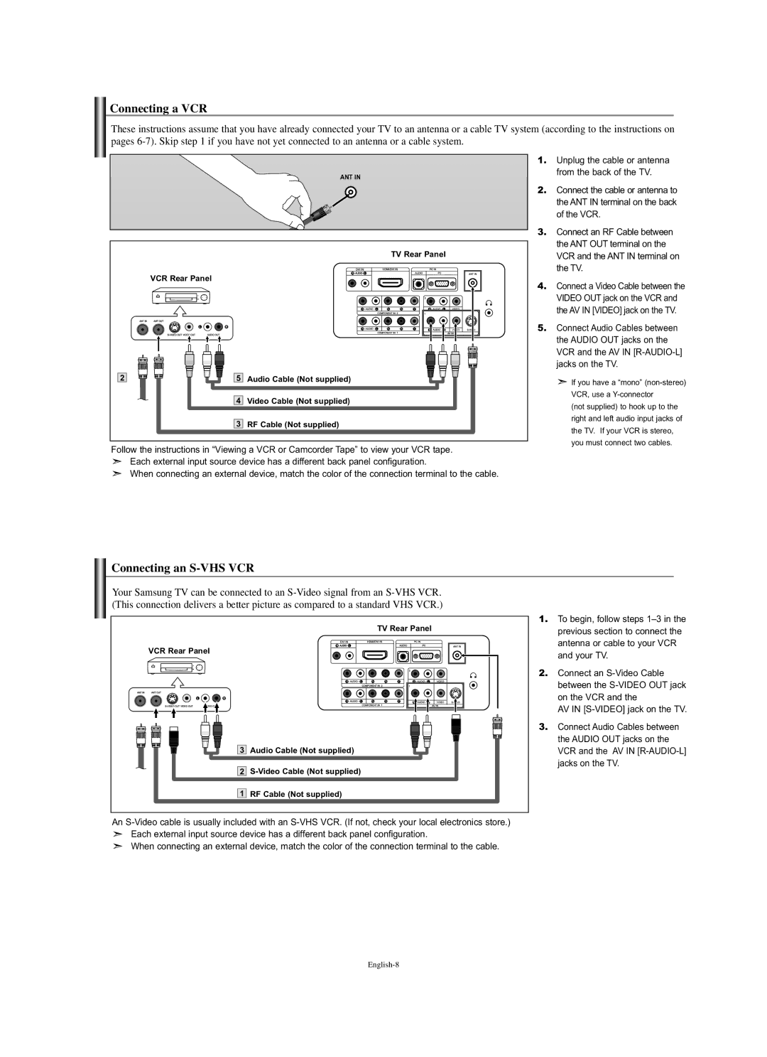 Samsung LN-S2338W manual Connecting a VCR, Connecting an S-VHS VCR 