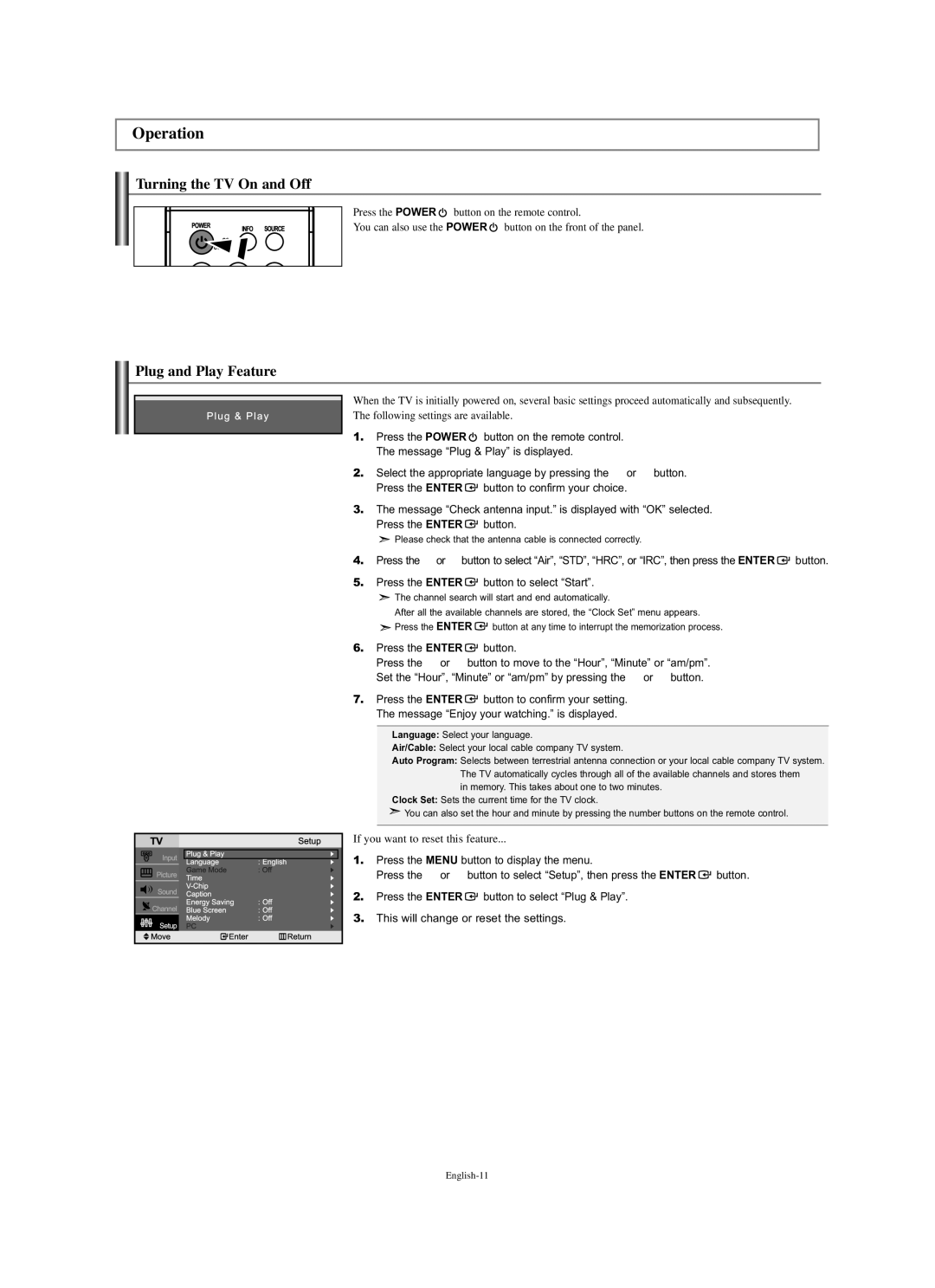 Samsung LN-S2338W manual Operation, Turning the TV On and Off, Plug and Play Feature 