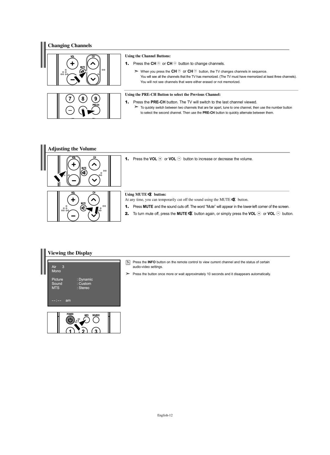 Samsung LN-S2338W manual Changing Channels, Adjusting the Volume, Viewing the Display 