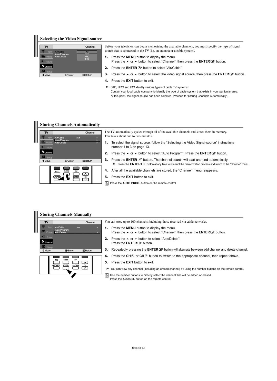 Samsung LN-S2338W manual Selecting the Video Signal-source, Storing Channels Automatically, Storing Channels Manually 