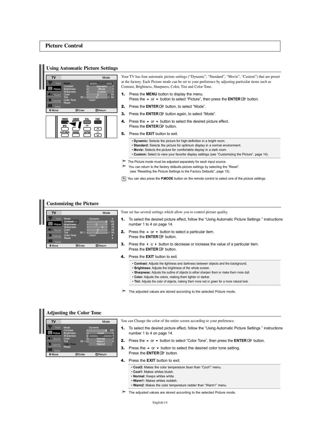 Samsung LN-S2338W Picture Control, Using Automatic Picture Settings, Customizing the Picture, Adjusting the Color Tone 