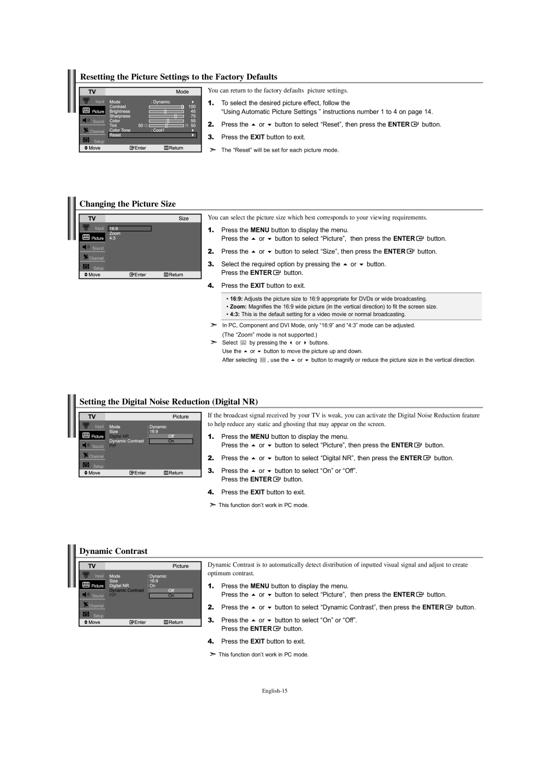 Samsung LN-S2338W Resetting the Picture Settings to the Factory Defaults, Changing the Picture Size, Dynamic Contrast 